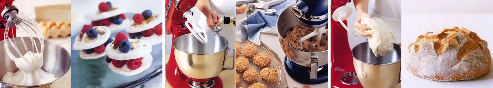 Końcówki miksera KitchenAid w użyciu: rózga ubija pianę na bezy, mieszadło płaskie miesza ciasto na ciasteczka, hak wyrabia ciasto na chleb