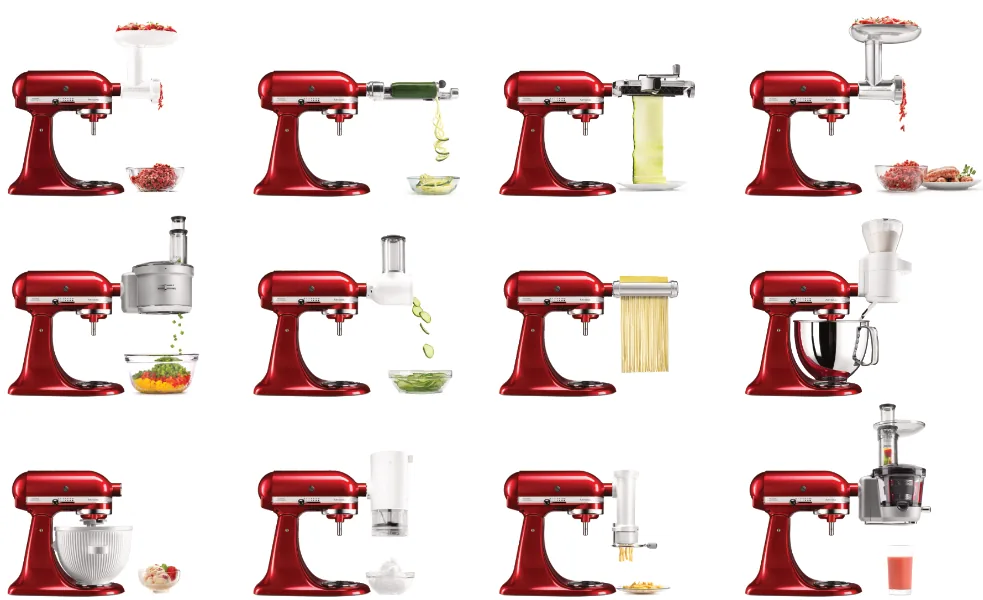 Przystawki KitchenAid zamontowane na mikserze planetarnym: maszynka do mielenia, spiralizer, makaron, młynek, wyciskarka