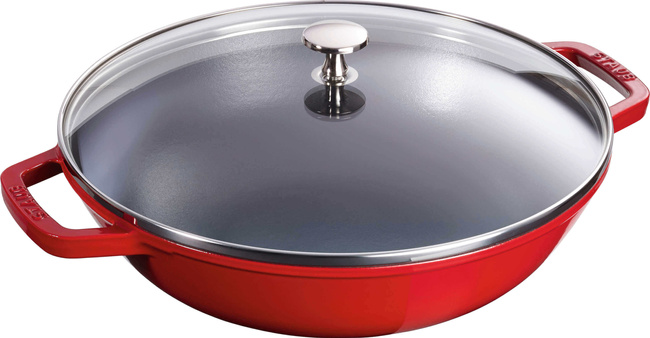 Wok żeliwny z pokrywką 30 cm, czerwony - Staub