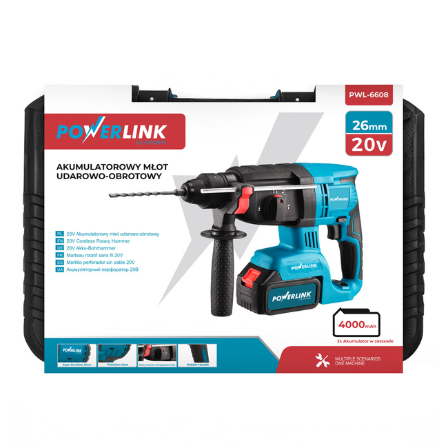 Młot udarowo-obrotowy Extralink Powerlink PWL-6608, 20 V, 26 mm, 2 akumulatory 4 Ah