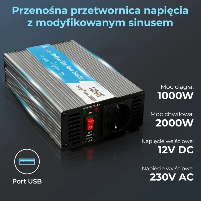 Przetwornica samochodowa Extralink OPIM-1000W, 12 V / 230 V, 1000 W, porty USB-A i USB-C