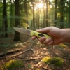Nóż Womsi Alpha Miu ze stali S90V, rękojeść z żółtej mikarty, skórzana pochwa