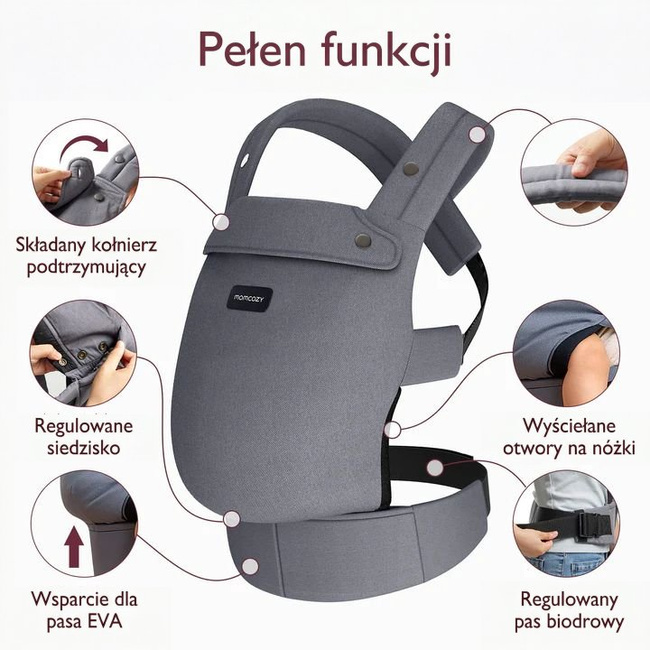 Nosidełko Momcozy BC001 PureHug z szelkami X, szare, przewiewne