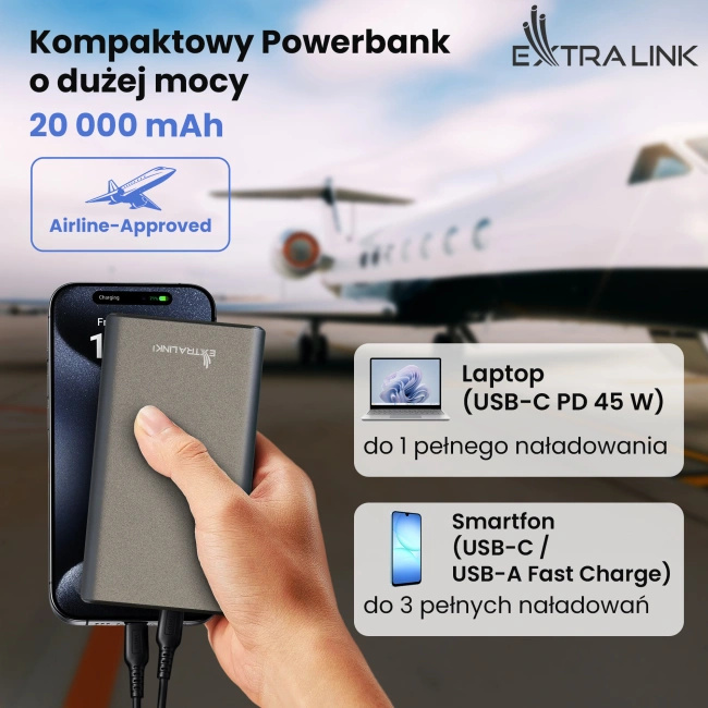 Powerbank Extralink EPB-126 20000 mAh, Power Delivery 45 W, USB-C, srebrny