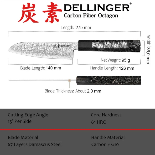 Dellinger Carbon Fiber Octagon Nóż ko-Santoku 14 cm