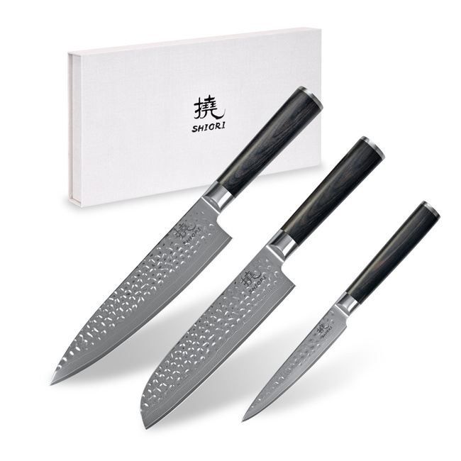 Shiori - 3-Set Kuri Murō + Santoku + Sifu - zestaw trzech noży ze stali Damasceńskiej