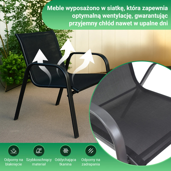 Extralink Black Forest | Klasyczny zestaw mebli ogrodowych | tekstylen dwa krzesła + stolik czarny