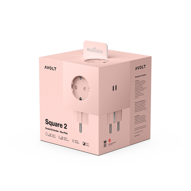 Rozszerzacz gniazd Square 2 z podwójnym USB-C 30 W, różowy - Avolt