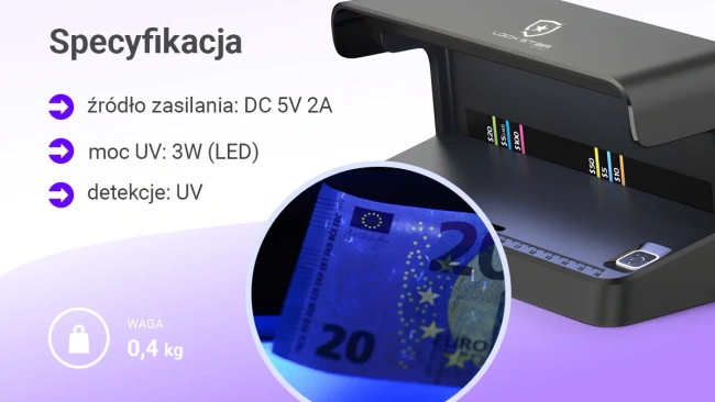 Detektor banknotów i dokumentów Extralink LockStar N-116, UV LED, USB-C