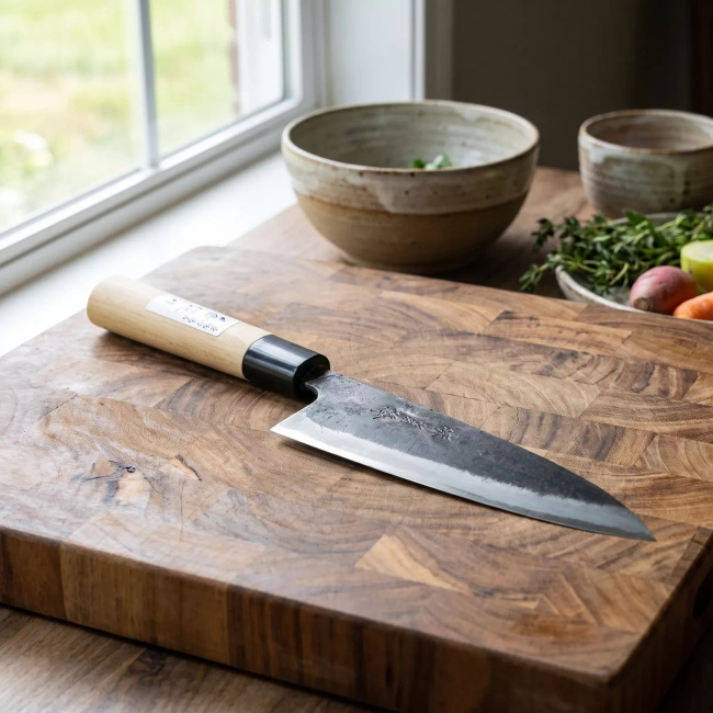 Japoński nóż santoku Funayuki Okomura Kurouchi H-807, stal węglowa, 16,5 cm