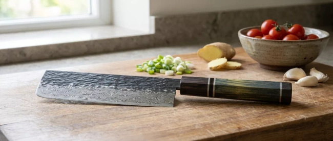 Nóż nakiri Dan Woo Custom 18 cm, stal damasceńska z rdzeniem T10, 61 HRC