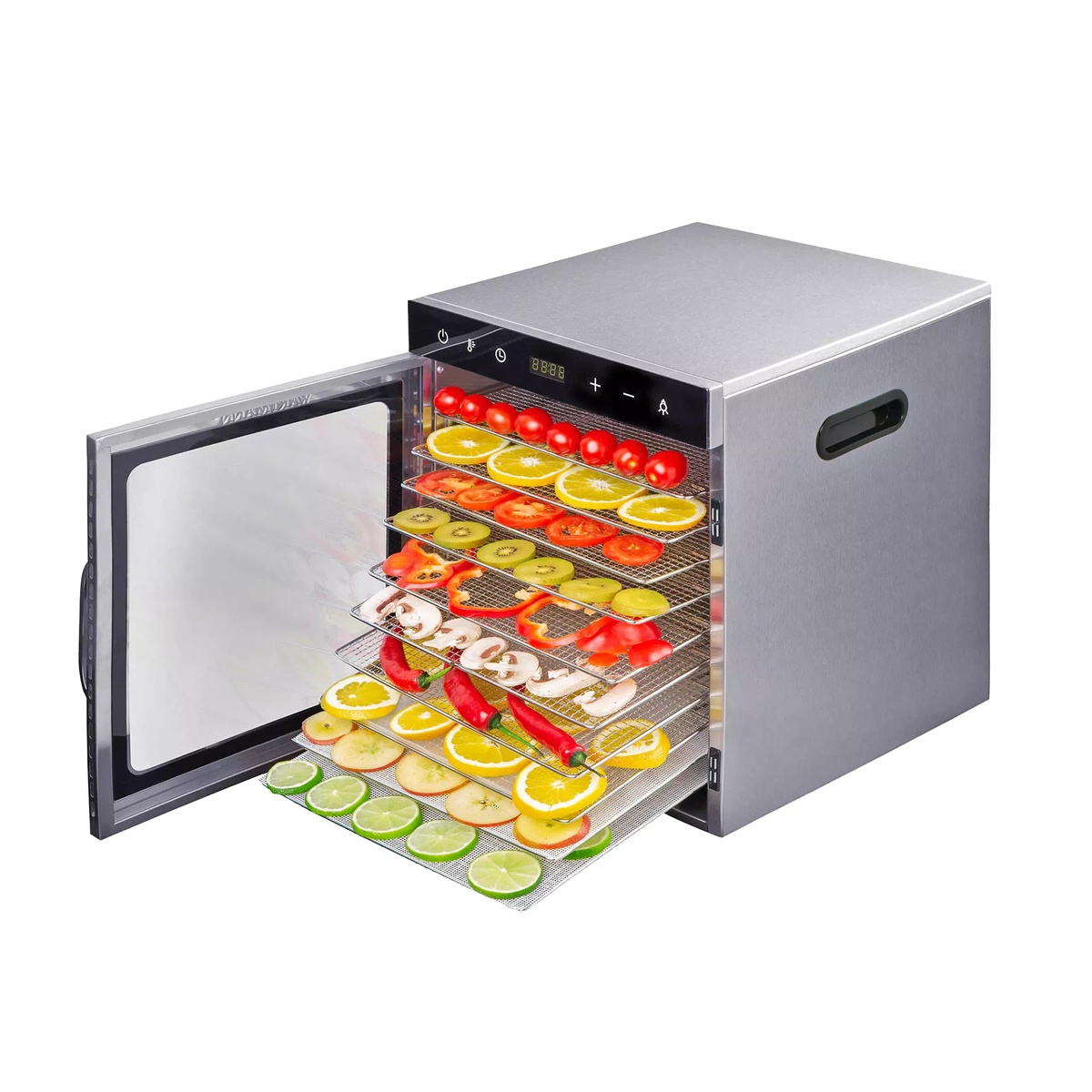Otwarty dehydrator Wartmann WM-2110 DH z tacami pełnymi plastrów owoców i warzyw