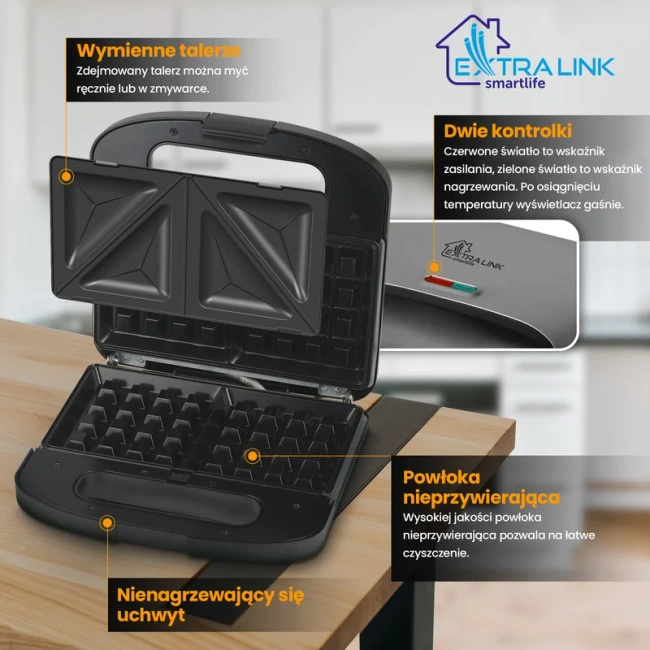 Extralink Smart Life Grill Sandwich & Waffle Maker SJ-37A | Grill Toster & Gofrownica | 1000W, Toster z 3 wymiennymi płytami