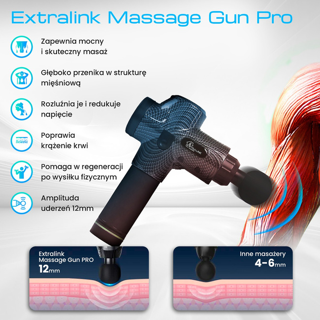 Extralink Massage Gun Pro Pistolet Do Masażu 3800 Rpm, 6 Końcówek Wymiennych