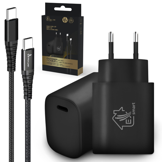 Extralink Smart Life | Zestaw Usb Type-C To Type-C, 200cm, Czarny + Ładowarka 18W Pd3.0 | Czarna