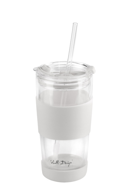 Kubek termiczny szklany ze słomką 600 ml biały Fuori - Vialli Design
