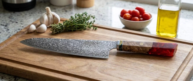 Dan Woo Nóż Kuchenny Santoku ze Stali Damasceńskiej, Ostrze 15.5 cm