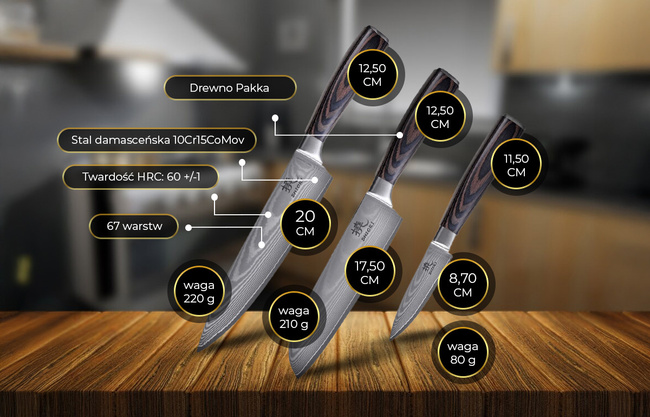 Shiori - 3-Set Chairo Shōto + Santoku + Sifu - zestaw trzech noży ze stali Damasceńskiej
