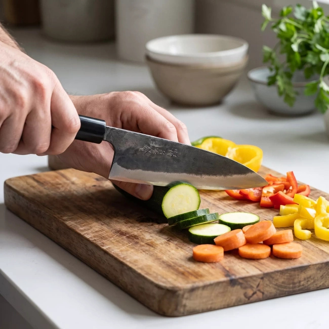 Japoński nóż santoku Funayuki Okomura Kurouchi H-807, stal węglowa, 16,5 cm