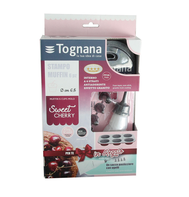 Blacha na 6 muffinów bordowa i rękaw do dekoracji - Tognana - stal węglowa - Tognana