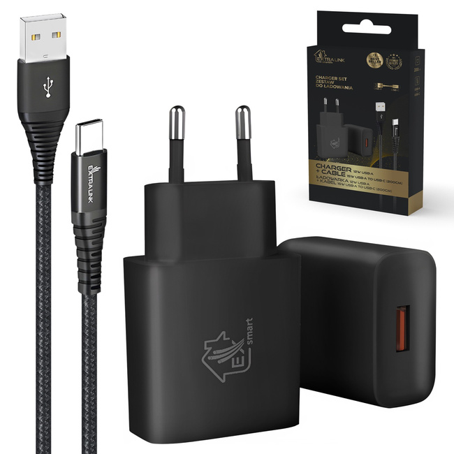 Extralink Smart Life | Zestaw Usb Type-A To Type-C, 200cm, Czarny + Ładowarka 12W | Czarna