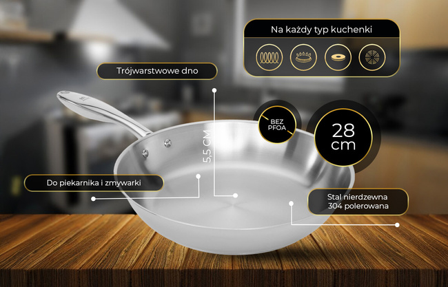 Shiori - Stainless steel 304 patelnia bez powłoki indukcja 28cm
