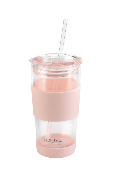 Kubek Termiczny Szklany Ze Słomką 600 Ml Różowy Fuori - Vialli Design