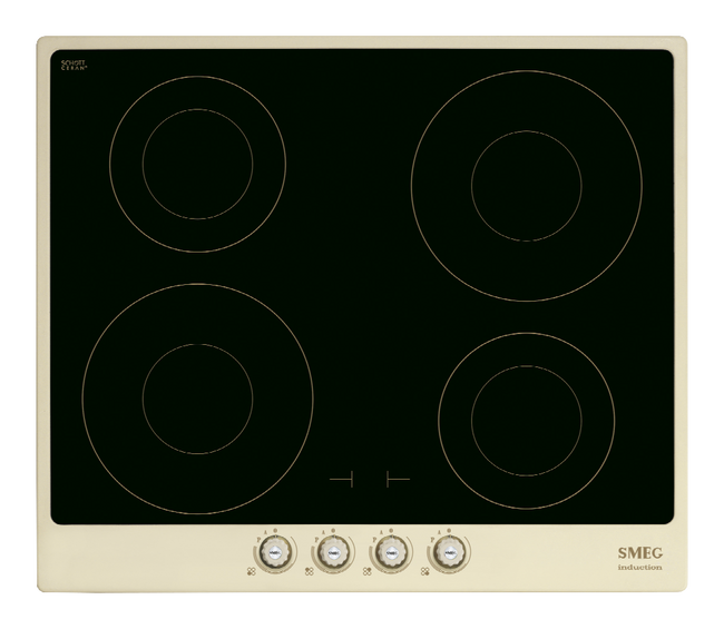 Smeg - Płyta indukcyjna, 60 cm, Cortina, Krem. Cortina Si764Pom Kremowy + Czarne Szkło (Pokrętła w Kolorze Kremowym, Podkładki w Mosiężnym).