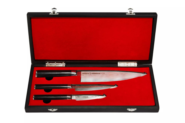 Zestaw 3 noży Samura Damascus (Szefa 20 cm, Uniwersalny 12.5 cm, Do obierania 9 cm) AUS-10 G10 w pudełku prezentowym