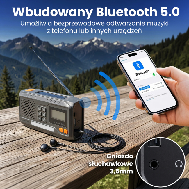 EXTRALINK BT-4000 radio awaryjne Bluetooth solarne z korbką dynamo latarką SOS powerbank 4000mAh