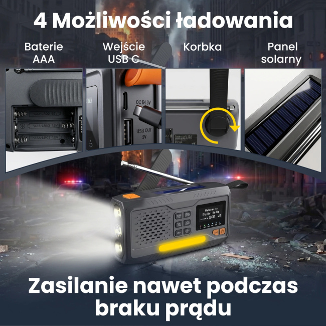 EXTRALINK BT-4000 radio awaryjne Bluetooth solarne z korbką dynamo latarką SOS powerbank 4000mAh