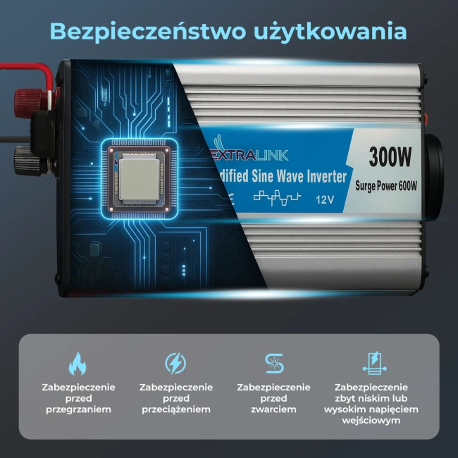 Przetwornica napięcia Extralink OPIM-300W, 12 V na 230 V, modyfikowany sinus