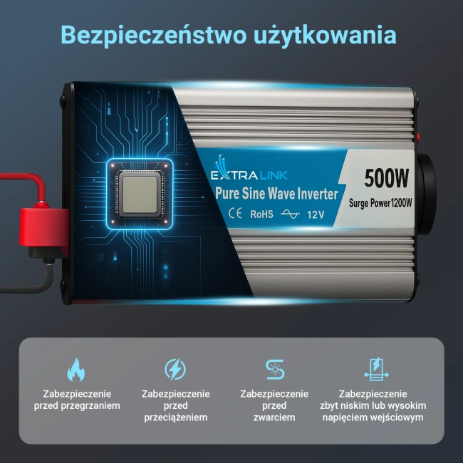 Przetwornica samochodowa Extralink OPIP-500W, czysty sinus, 12 V na 230 V, 500 W