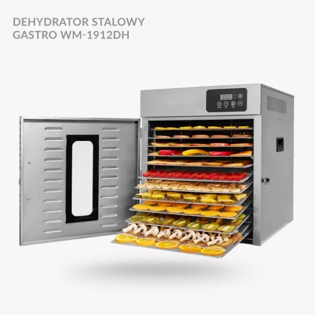 Dehydrator stalowy Wartmann GASTRO WM-1912DH – profesjonalna suszarka do żywności, 12 tac ze stali nierdzewnej, 90 l, 1000 W