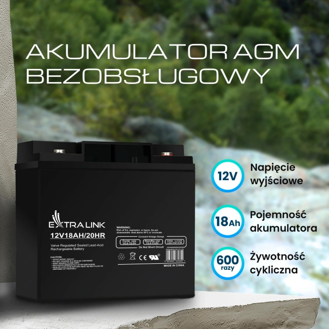 Akumulator AGM Extralink 12 V 18 Ah, bezobsługowy, VRLA