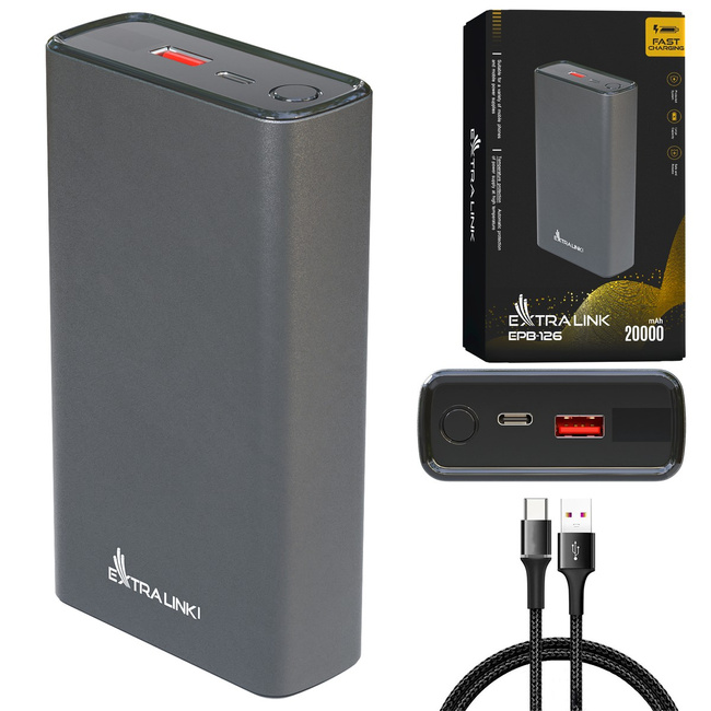 Powerbank Extralink EPB-126 20000 mAh, Power Delivery 45 W, USB-C, srebrny