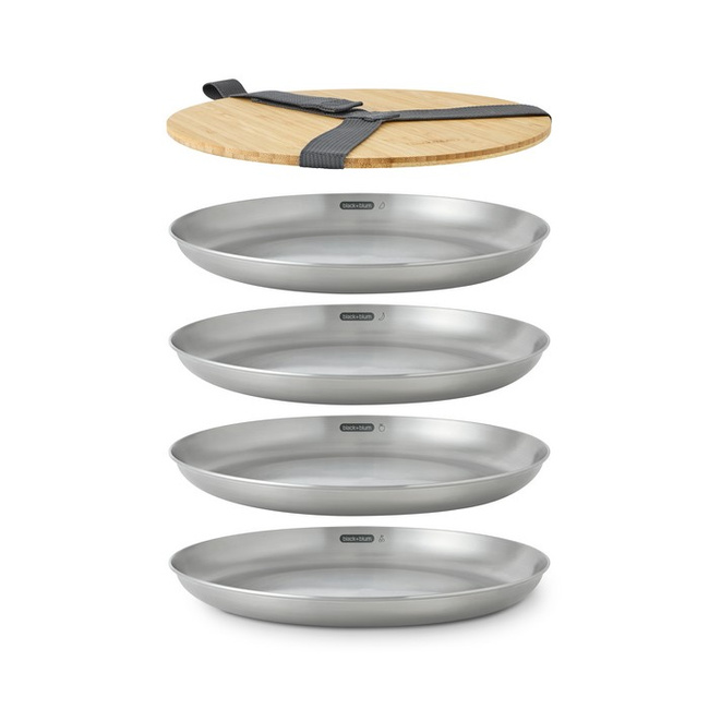 Zestaw 4 talerzy stalowych Black+Blum Outdoor z deską bambusową, 6 elementów
