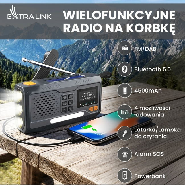 EXTRALINK BT-4000 radio awaryjne Bluetooth solarne z korbką dynamo latarką SOS powerbank 4000mAh