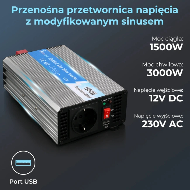 Przetwornica napięcia Extralink OPIM-1500W 12 V, 1500 W, modyfikowana sinusoida