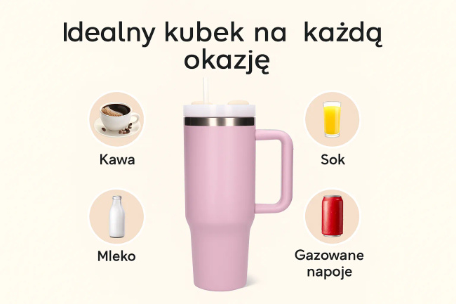 EXTRALINK Black Forest kubek termiczny 1200ml z uchwytem i słomką pudrowy róż