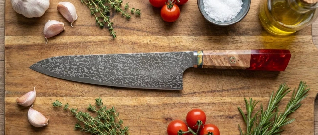 Dan Woo Nóż Kuchenny Santoku ze Stali Damasceńskiej, Ostrze 15.5 cm