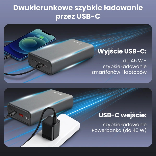 Powerbank Extralink EPB-126 20000 mAh, Power Delivery 45 W, USB-C, srebrny
