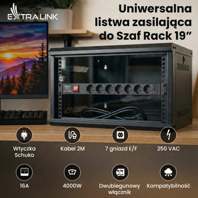 Extralink Listwa zasilająca 19" 1U 7 gniazd EU z wyłącznikiem 2m EXPDU7EU