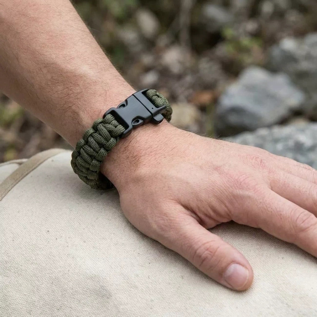 Bransoletka paracord Welde z gwizdkiem, wzór Green Camo, 22 cm