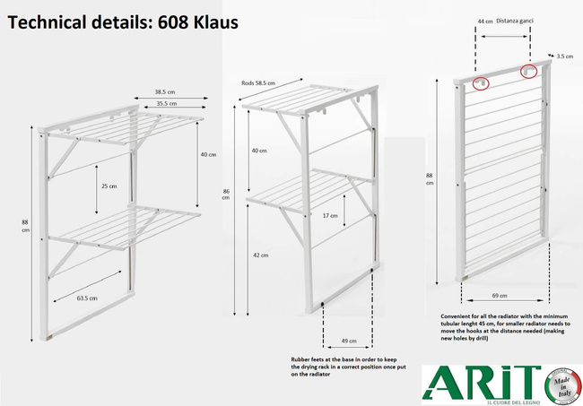 Arredamenti Klaus Suszarka na pranie na kaloryfer - 89 x 68 cm, Biały