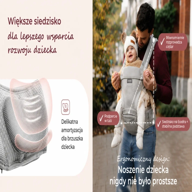 Nosidełko Momcozy z siedziskiem biodrowym 2 w 1, szare