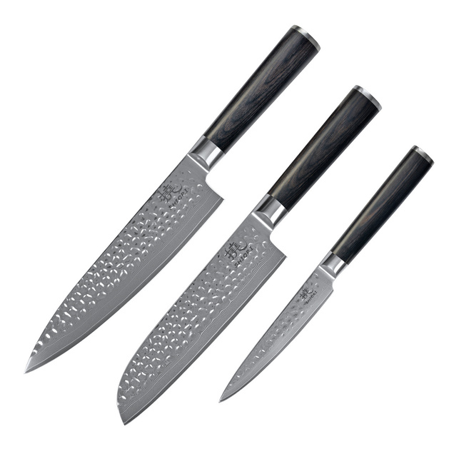 Shiori - 3-Set Kuri Murō + Santoku + Sifu - zestaw trzech noży ze stali Damasceńskiej