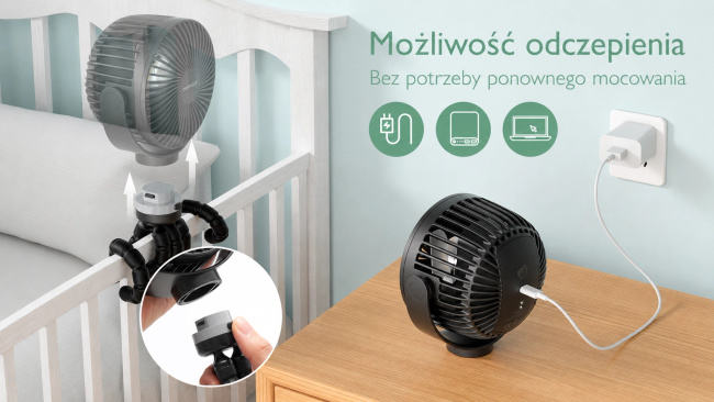Momcozy Pf01 Portable Stroller Fan | Wiatraczek do wózka | Przenośny, czarny