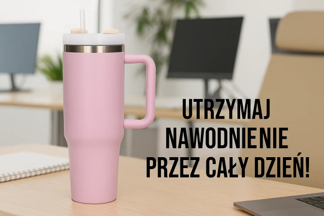 EXTRALINK Black Forest kubek termiczny 1200ml z uchwytem i słomką pudrowy róż