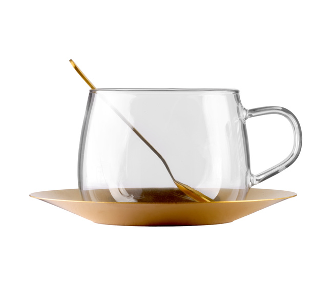 Filiżanka Eva 400 ml z łyżeczką i złotym spodkiem porcelana biała Vialli Design